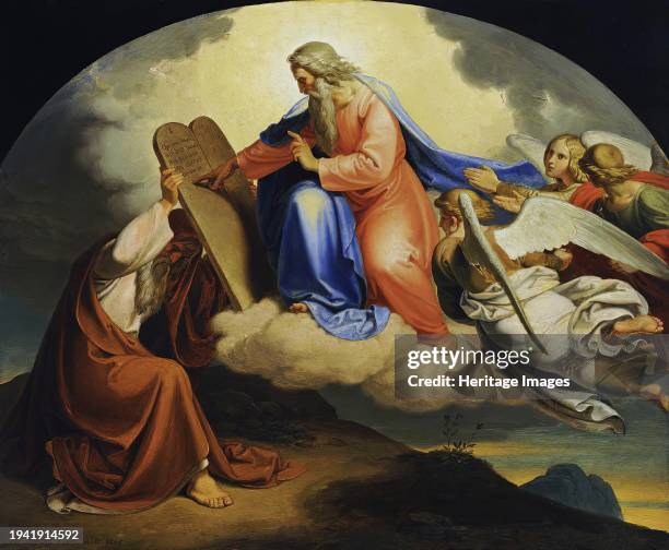 God writing the Ten Commandments to Moses on two stone tablets on Mount Sinai, 1835. Creator: Joseph von Fuhrich.