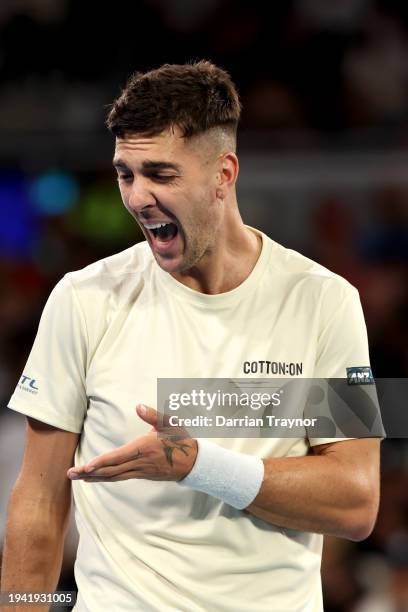 Thanasi Kokkinakis of Australia reacts in their round two singles match against Grigor Dimitrov of Bulgaria during the 2024 Australian Open at...