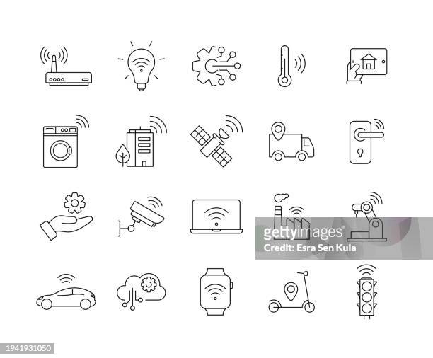 ilustrações, clipart, desenhos animados e ícones de conjunto de ícones de linha da internet das coisas com traçado editável - manufatura auxiliada por computador