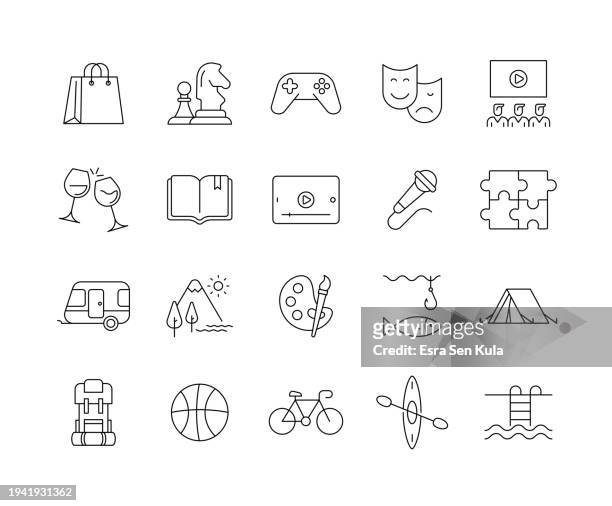 ilustraciones, imágenes clip art, dibujos animados e iconos de stock de conjunto de iconos de línea de actividades de ocio con trazo editable - shopping basket