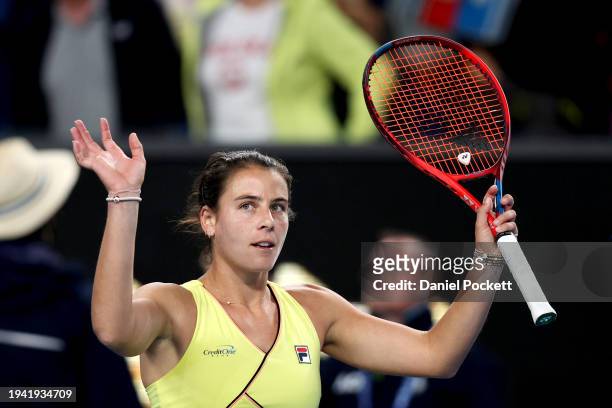 Emma Navarro of the United States celebrates match point in their round two singles match against Elisabetta Cocciaretto of Italy during the 2024...