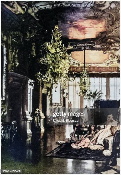 antike fotos von gemälden: interior in venedig - kronleuchter stock-grafiken, -clipart, -cartoons und -symbole