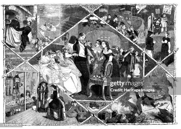 Christmas in Leap Year - by Florence Claxton, 1860. 'Humorous' vignettes depicting a tradition, known as Bachelor's Day or Ladies' Privilege, whereby...