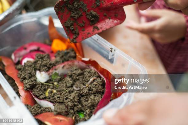 family making compost from leftovers at an open kitchen outdoors at back yard. father teaches his child to grow organic plants. sustainable lifestyle and zero waste cooking concept. - worm stock pictures, royalty-free photos & images