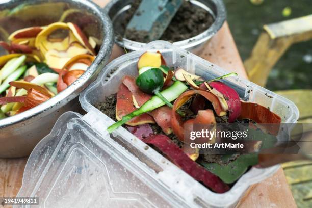 compost bin with vegetables leftovers at an open kitchen outdoors at back yard. sustainable lifestyle and zero waste cooking concept. - peeling potatoes stock pictures, royalty-free photos & images