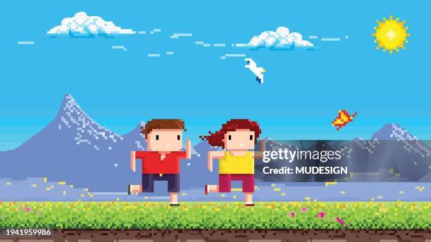 pixel characters on scene running - couple running together stock illustrations