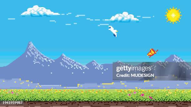 stockillustraties, clipart, cartoons en iconen met pixel art background with sky and mountain - in pixels omgezet