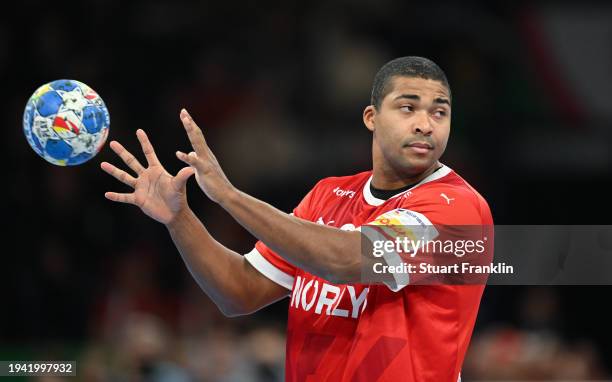 Mads Mensah Larsen of Denmark in action during the Men's EHF Euro 2024 main round match between Denmark and Netherlands at Barclays Arena on January...