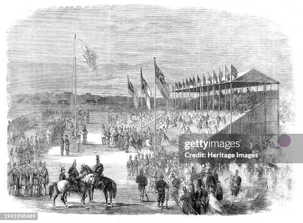 Presentation of the prizes by the Duke of Cambridge in front of the grand stand, 1861. National Rifle Match on Wimbledon Common, London. 'Shortly...