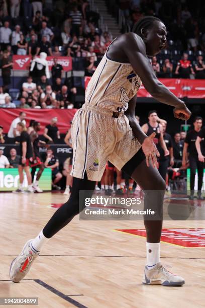 Bul Kuol of the Taipans celebrates victory during the round 16 NBL match between Illawarra Hawks and Cairns Taipans at WIN Entertainment Centre, on...