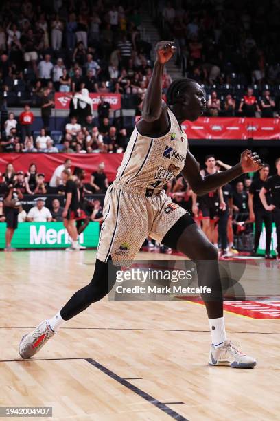 Bul Kuol of the Taipans celebrates victory during the round 16 NBL match between Illawarra Hawks and Cairns Taipans at WIN Entertainment Centre, on...