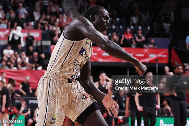 Bul Kuol of the Taipans celebrates victory during the round 16 NBL match between Illawarra Hawks and Cairns Taipans at WIN Entertainment Centre, on...