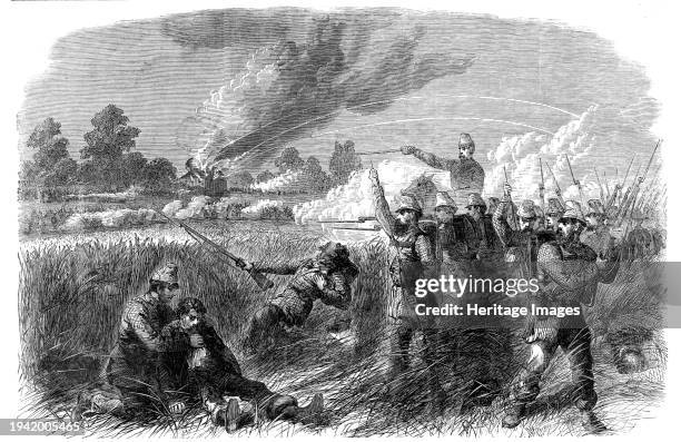 The Civil War in America: fight at Hainsville, on the Upper Potomac - advance of the Wisconsin men on the Secessionist position, 1861. 'Our Special...