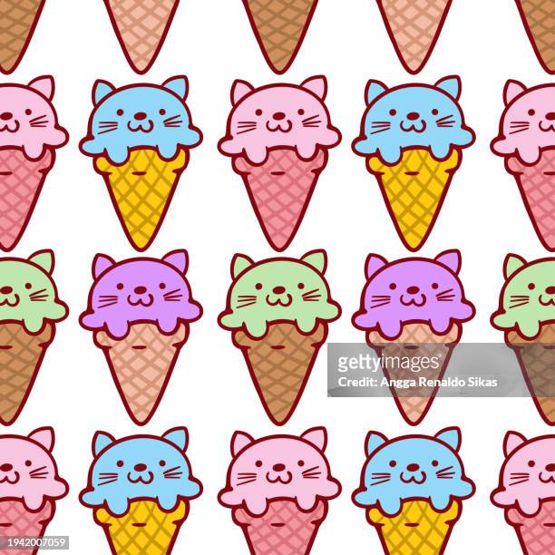 cute colorful cat ice cream seamless pattern - kawaii food stock illustrations