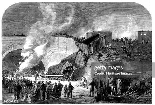 Fatal railway accident at Kentish-Town, on the north and south western junction line: scene of the disaster on Monday night, 1861. A ballast-train...