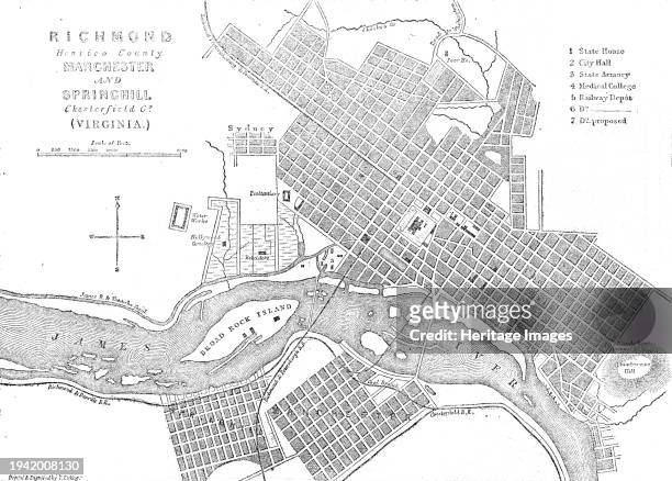 Richmond, Virginia, the capital of the Confederate States of America, 1861. American Civil War. Map showing the State House, City Hall, State Armory,...
