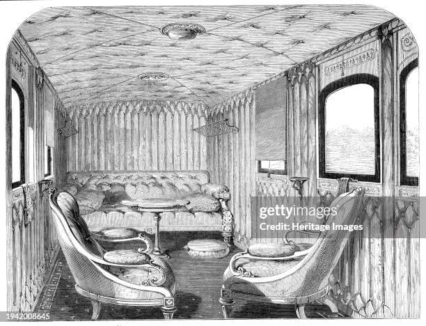 Saloon of Her Majesty's carriage on the London and North-Western Railway, 1861. 'State carriage...constructed expressly for the use of [Queen...