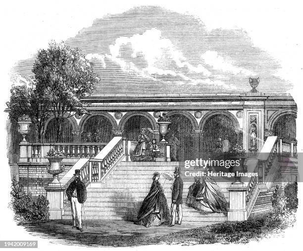 Royal Horticultural Society's Gardens, South Kensington: steps from one of the central arcades to the gardens, 1861. The Society's new garden opened...