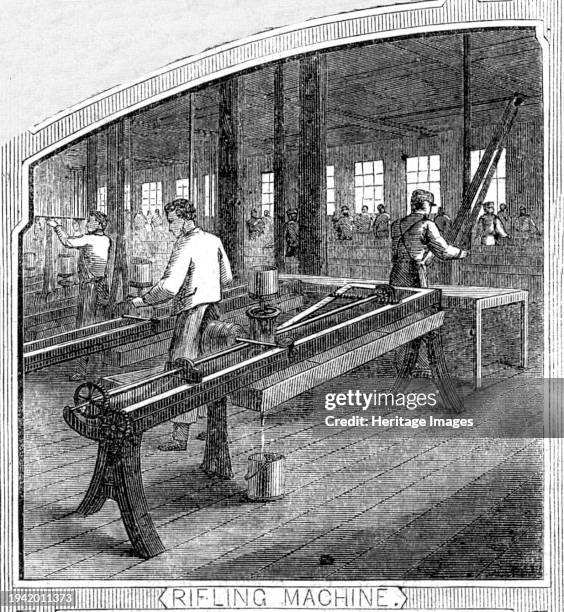 Royal Small Arms Factory, Enfield: Rifling Machine, 1861. The RSAF was a UK government-owned rifle factory produced British military rifles, muskets...