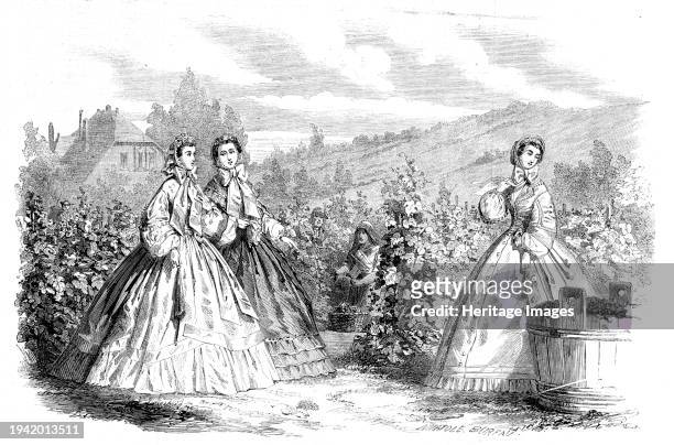 Paris fashions for October, 1861. '1. Full Dress. Silver-grey silk robe, having on the skirt but one flounce, surmounted by a plain green ribbon,...