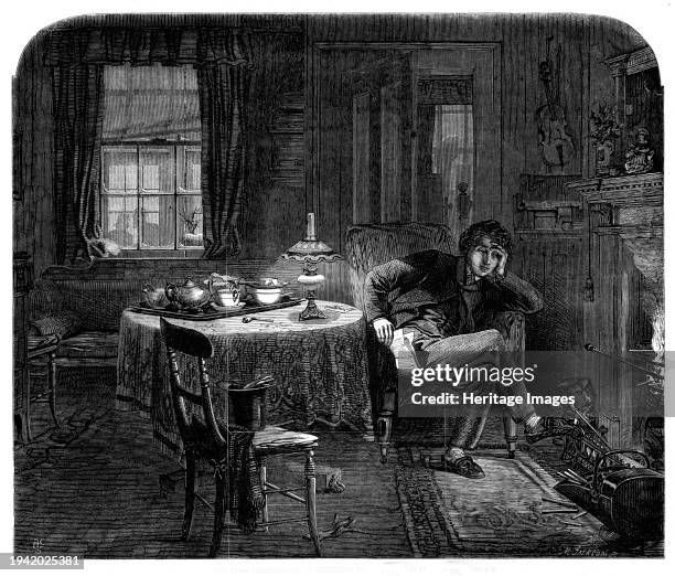 The first Christmas from home - drawn by A. Hunt, 1861. A young man in slippers sits by the fire holding a letter from his family. On another chair...