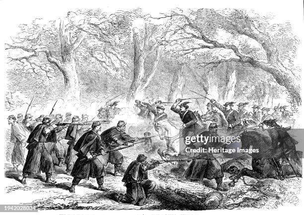 The Civil War in America: skirmish near Fall's Church, Virginia - from a sketch by our special artist, 1861. 'Although there had been no engagement...