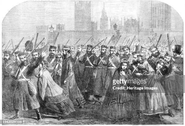 Reinforcements for Canada: the Guards crossing Westminster-Bridge on their way to the South-Western Railway station, 1861. American Civil War:...