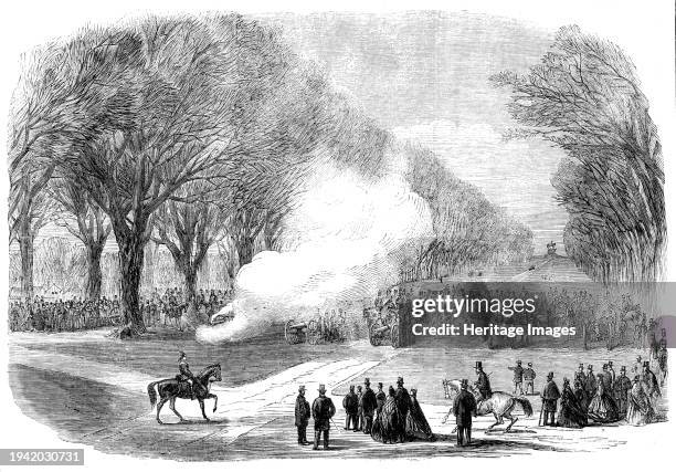 The Funeral of His Late Royal Highness the Prince Consort: firing minute guns in the Long Walk, Windsor Park, 1861. 'At sunrise, when the union-jack...