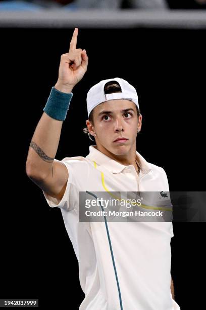 Arthur Cazaux of France celebrates a point in their round two singles match against Holger Rune of Denmark during the 2024 Australian Open at...