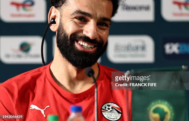Egypt's forward Mohamed Salah reacts during a press conference at the palais de la Culture in Abidjan on January 21, 2024 on the eve of the 2024...