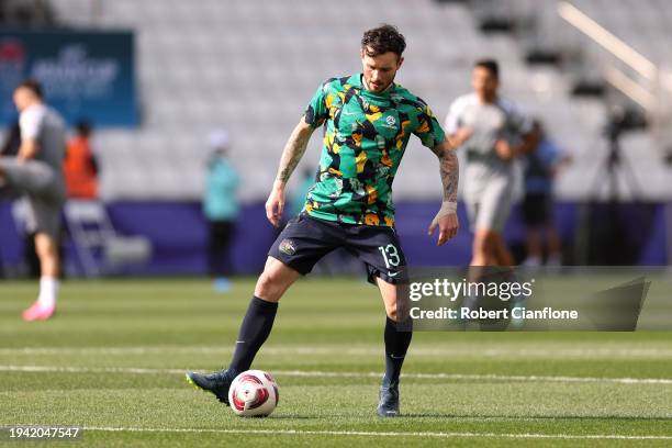 Aiden O'Neill of Australia warms up prior to the AFC Asian Cup Group B match between Syria and Australia at Jassim Bin Hamad Stadium on January 18,...