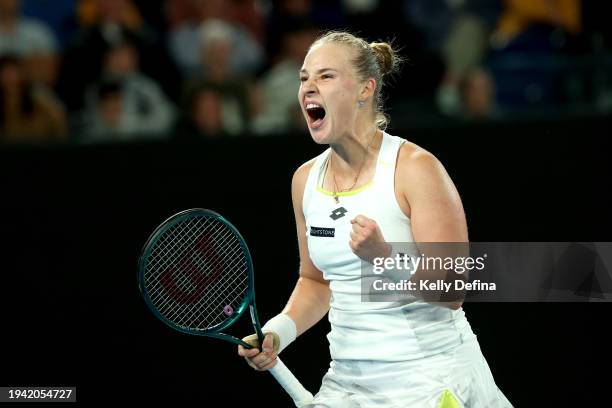 Anna Blinkova celebrates a point in their round two singles match against Elena Rybakina of Kazakhstan during the 2024 Australian Open at Melbourne...