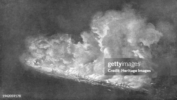 La victoire de l'avion; L'incendie du L-21 abattu a Cuffley, pres de Londres, par le lieutenant aviateur anglais Robinson: la charpente en bois du...
