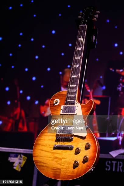 Solid-body Gibson Les Paul Standard 1959 electric guitar owned and used by musician Mark Knopfler is seen at a media event to promote an upcoming...