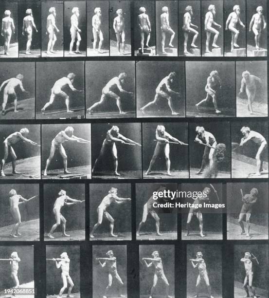 Ascending a Step. C: Throwing the disk. D: Using a Shovel. E, F: Using a Pick, Printed 1887. Series: Animal Locomotion. Creator: Eadweard J Muybridge.