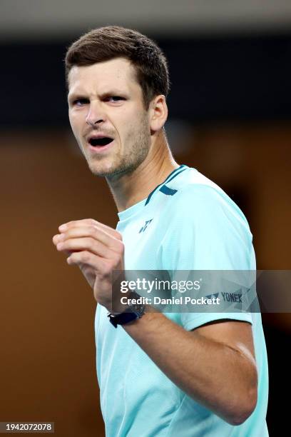 Hubert Hurkacz of Poland reacts in their round two singles match against Jakub Mensik of Czech Republic during the 2024 Australian Open at Melbourne...