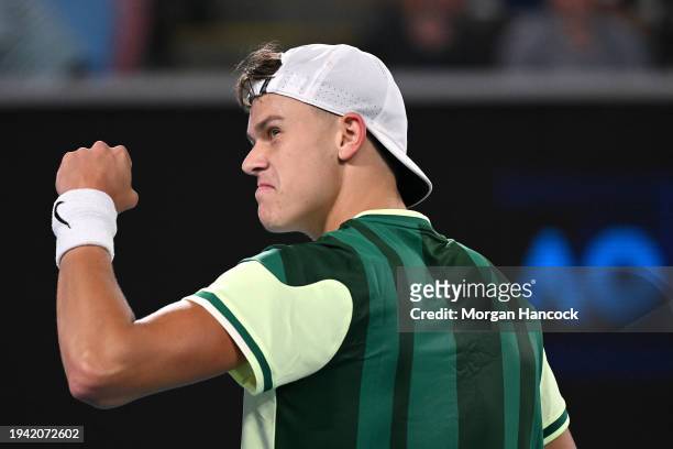 Holger Rune of Denmark celebrates a point in their round two singles match against Arthur Cazaux of France during the 2024 Australian Open at...