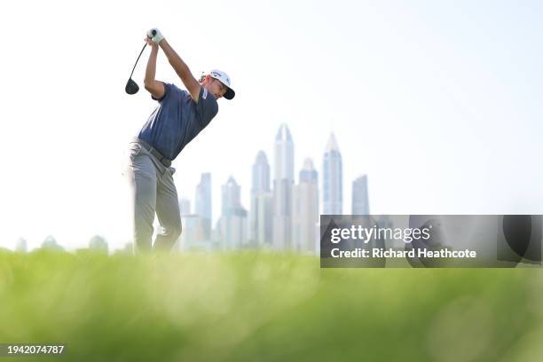 Rasmus Hojgaard of Denmark tees off on the eighth hole during Round One of the Hero Dubai Desert Classic at Emirates Golf Club on January 18, 2024 in...