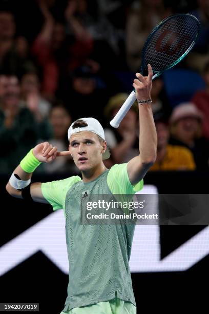 Jakub Mensik of Czech Republic celebrates winning set point in their round two singles match against Hubert Hurkacz of Poland during the 2024...