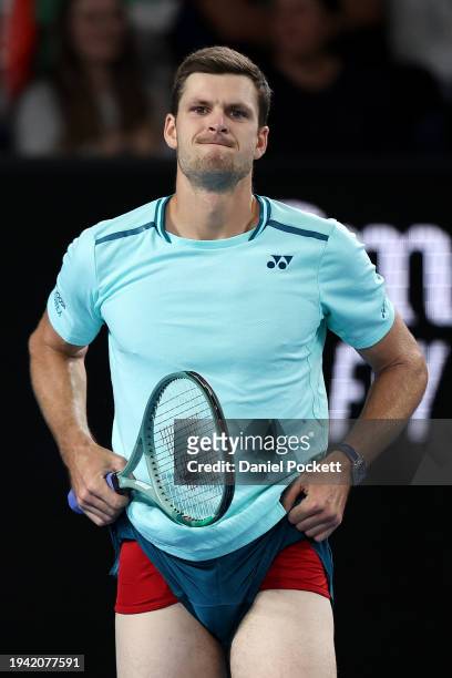 Hubert Hurkacz of Poland reacts in their round two singles match against Jakub Mensik of Czech Republic during the 2024 Australian Open at Melbourne...