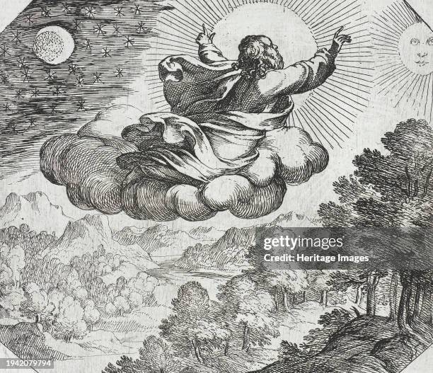 God Creating the Sun, the Moon, and the Stars, circa 1600. From The Creation of the World. Creator: Antonio Tempesta.