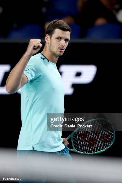 Hubert Hurkacz of Poland celebrates a point in their round two singles match against Jakub Mensik of Czech Republic during the 2024 Australian Open...