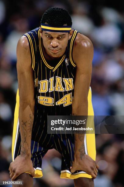 Jonathan Bender, Small Forward for the Indiana Pacers looks on during the NBA Pacific Division basketball game against the Golden State Warriors on...