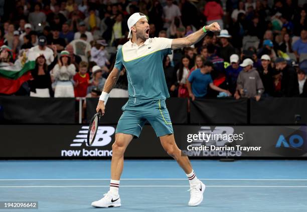 Grigor Dimitrov of Bulgaria celebrates match point in their round two singles match against Thanasi Kokkinakis of Australia during the 2024...