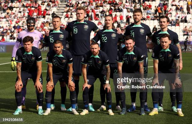 Players of Australia pose for a team photograph prior to the AFC Asian Cup Group B match between Syria and Australia at Jassim Bin Hamad Stadium on...