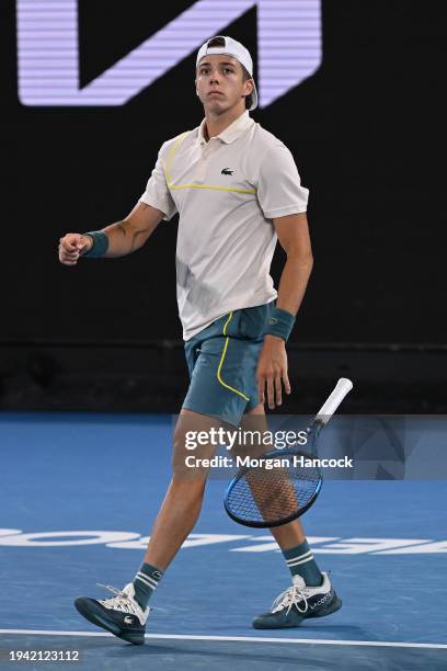 Arthur Cazaux of France celebrates match point in their round two singles match against Holger Rune of Denmark during the 2024 Australian Open at...