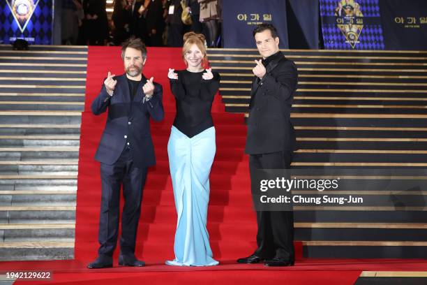 Henry Cavill, Bryce Dallas Howard and Sam Rockwell attend the Seoul Premiere of "Argylle" on January 18, 2024 in Seoul, South Korea.