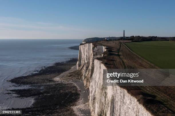 The White Cliffs near St Margarets Bay on the Kent coast on January 18, 2024 in Dover, England. The first boats of 2024 carrying migrants across the...