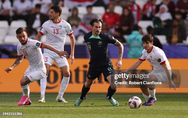 Connor Metcalfe of Australia runs with the ball during the AFC Asian Cup Group B match between Syria and Australia at Jassim Bin Hamad Stadium on...