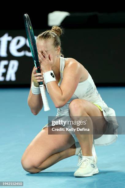 Anna Blinkova celebrates match point in their round two singles match against Elena Rybakina of Kazakhstan during the 2024 Australian Open at...